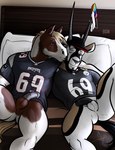 american_football anthro balls bed bedroom black_body black_fur black_penis blonde_hair bottomless brown_balls brown_body brown_fur butt casual_exposure circumcised circumcision_scar clothed clothing duo football_jersey fur furniture genital_scar genitals hair half-erect half_naked hat headgear headwear horn humanoid_genitalia humanoid_penis interspecies jockstrap kissing kissing_cheek looking_at_viewer male male/male multicolored_body multicolored_fur muscular muscular_anthro muscular_male muscular_thighs one_eye_closed penis rainbow scar smile sport tan_body tan_fur underwear white_balls white_body white_fur wink bgn new_england_patriots nfl pittsburgh_steelers dilly_(justasillydilly) jamie_the_oryx antelope bovid equid equine grazing_antelope horse mammal oryx