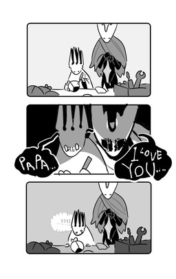 2_horns 3_panel_comic 7_horns ambiguous_gender anthro black_body black_eyes bottomless bottomless_anthro box cloak clothed clothed_anthro clothing confusion container creepy_face dialogue dot_eyes duo eyes_closed furniture grey_background grey_cloak grey_clothing holding_melee_weapon holding_object holding_screwdriver holding_sword holding_tool holding_weapon horn humor love machine melee_weapon motion_lines multi_horn question_mark robe scared screwdriver shadow shadowed_eyes simple_background simple_eyes sitting sitting_at_table standing sword table text tools weapon white_background white_body white_clothing white_eyes white_robe wrench 1280x720_(artist) hollow_knight_(franchise) team_cherry hollow_knight_(character) pale_king_(hollow_knight) pure_vessel_(hollow_knight) arthropod insect vessel_(species) 2025 comic digital_media_(artwork) english_text greyscale hi_res monochrome sketch father_(lore) father_and_child_(lore) male_(lore) nonbinary_(lore) parent_(lore) parent_and_child_(lore)