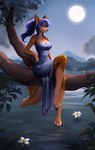 anthro blue_eyes blue_hair blush breasts cleavage clothed clothing dress female flower forest fur gloves gloves_(marking) hair handwear landscape leg_markings light lying markings moon moonlight nigh night on_side outside plant pond smile socks_(marking) solo summer tail tree water yellow_eyes laffisa canid canine fox mammal absurd_res hi_res