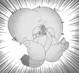 anthro ball_grab balls belly big_balls big_belly clenched_teeth fur genitals huge_balls hyper hyper_balls hyper_genitalia looking_at_viewer low-angle_view male midair moobs nipples solo spread_legs spreading tail teeth thick_thighs wide_hips reagan700 build_tiger inari canid canine mammal raccoon_dog tanuki 2026 hi_res
