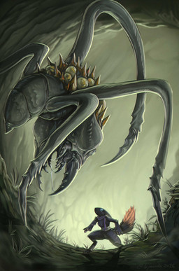 ambiguous_anthro ambiguous_feral ambiguous_gender anthro black_body black_fur blue_eyes claws duo feral finger_claws fur larger_feral mandibles orange_body orange_fur scarf semi-anthro shocked size_difference smaller_anthro surprised toe_claws wide_eyed creepy_gun casualties:_unknown arthropod elder_thornback_(casualities:_unknown) expie_(gunsawian) gunsawian insect thornback_(casualities:_unknown) hi_res