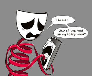 ambiguous_gender ambiguous_humanoid black_eyes black_text bodily_fluids cum cum_on_hand cum_on_mask dialogue empty_eyes genital_fluids grey_background holding_mask holding_object mask multicolored_body not_furry red_body sad simple_background solo speech_bubble standing tears text two_tone_body white_body dibujito glitch_productions the_amazing_digital_circus gangle_(tadc) animate_inanimate fabric_creature humanoid living_mask 2025 absurd_res english_text hi_res female_(lore)