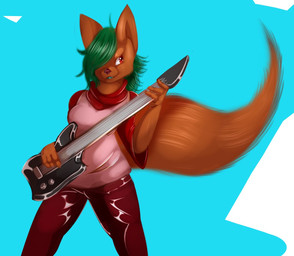 3_fingers anthro biped blue_background bottomwear breasts brown_body brown_ears brown_fur brown_tail clothed clothing electric_guitar female fingers front_view fully_clothed fur green_hair guitar hair holding_object long_tail multicolored_clothing musical_instrument pink_clothing pink_topwear playing_guitar playing_music plucked_string_instrument red_bottomwear red_clothing red_eyes red_nose simple_background solo standing string_instrument tail topwear two_tone_clothing kitt_kitan_(artist) tessa_t canid canine canis mammal wolf 2017