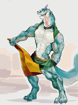anthro blush bodily_fluids bottomwear claws clothed clothing clothing_lift collar dripping facial_piercing green_body green_scales male muscular nose_piercing piercing saliva saliva_drip scales shirt shirt_behind_head shirt_lift shorts smile solo standing tongue tongue_out tongue_piercing topwear towel rougers goat_(movie) sony_corporation sony_pictures modo_olachenko komodo_dragon lizard monitor_lizard reptile scalie 3:4 hi_res
