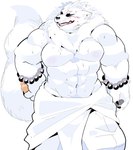 abs anthro beads biceps black_eyebrows black_nose claws clothed clothing eyebrows facial_markings fur head_markings male markings muscular muscular_anthro muscular_male navel nipples pecs pink_nipples prayer_beads shirtless simple_background solo tail teeth tongue triceps white_background white_body white_clothing white_fur white_tail sigenoya takotyutyu gingitsune gintaro canid canine fox mammal 2023 absurd_res colored hi_res