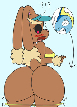 big_breasts big_butt bikini bikini_down bikini_pull bikini_thong blush breasts butt butt_focus clothed clothing clothing_pull curvy_figure duo embarrassed exclamation_point female fur hat headgear headwear huge_butt invisible long_ears prank question_mark red_eyes skimpy smile surprised swimwear swimwear_pull thick_thighs thong two-piece_swimsuit underwear visor visor_cap voluptuous wide_hips hashidoodle nintendo pokemon generation_4_pokemon generation_8_pokemon inteleon lagomorph lopunny mammal pokemon_(species) scalie absurd_res hi_res