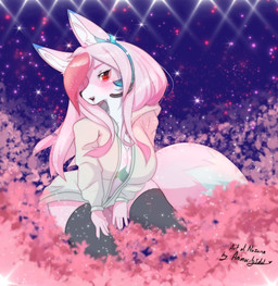anthro big_breasts black_clothing black_legwear black_stockings blush bottomless bottomless_female breasts claws cleavage clothed clothing colored_nails detailed_background electronics facial_markings female finger_claws fluffy fluffy_tail fur hair head_markings headgear headpiece hoodie jacket japanese_idol legwear long_hair looking_at_viewer markings microphone multicolored_body multicolored_fur multicolored_hair nails open_clothing open_shirt open_topwear pink_body pink_fur pink_hair red_eyes shirt smile solo stockings tail topwear white_body white_fur animacityidol brand_new_animal studio_trigger nazuna_hiwatashi canid canine fox mammal 2020 digital_media_(artwork)