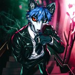 anthro black_necktie black_nose black_sclera blue_eyes blue_hair cigarette clothed clothing detailed_background front_view fully_clothed glistening glistening_clothing hair hallway hand_in_pocket heterochromia high-angle_view holding_cigarette holding_object inner_ear_fluff inside lens_flare looking_at_viewer looking_up male male_anthro necktie notched_ear on_stairs orange_eyes pipe pockets short_hair smoke smoking smoking_cigarette solo stairs standing suit suit_jacket tuft white_dress_shirt blaedic leon_(leon147851) canid canine canis mammal wolf 1:1 2022 absurd_res hi_res