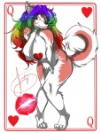 anthro big_breasts black_nose breasts card card_template countershading female fluffy fluffy_tail fur hair heart_symbol hearts_(suit) huge_breasts kissing lips long_hair looking_at_viewer multicolored_eyes multicolored_hair pink_body pink_fur playing_card playing_card_template queen_of_hearts_(card) rainbow rainbow_eyes rainbow_hair simple_background smile solo sparklefur suit_symbol tail white_background white_body white_fur heartz heartz_(character) canid canine canis domestic_dog husky mammal nordic_sled_dog spitz hi_res