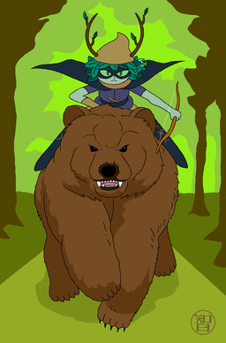 ambiguous_gender antlers archer boots bow_(weapon) branch brown_body brown_fur charging cloak clothed clothing danger duo eye_mask female feral footwear fur gloves green_body green_eyes green_sclera green_skin handwear high_heeled_boots high_heels holding_object holding_weapon hood horn laced_boots leaf leaf_hair leaning leaning_forward legwear looking_at_viewer mount plant plant_hair pseudo_hair ranged_weapon rider riding running shirt shoes straddling topwear tunic weapon coldfusion kairu-hakubi adventure_time cartoon_network huntress_wizard bear dryad elemental_creature elemental_humanoid flora_fauna humanoid mammal plant_humanoid