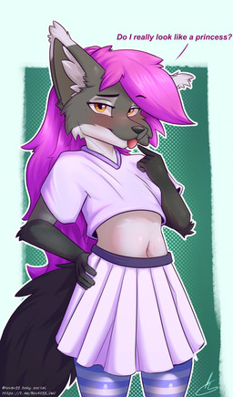 anthro belly black_nose blep blush bottomwear clothing crop_top dialogue femboy fur green_background grey_body grey_ear_tips grey_fur grey_inner_ear grey_inner_ear_fluff hair hand_on_hip humanoid_hands inner_ear_fluff legwear long_hair looking_at_viewer male navel pattern_clothing pattern_legwear pattern_thigh_highs pink_hair pink_tongue pleated_skirt shirt simple_background skirt solo standing striped_clothing striped_legwear striped_thigh_highs stripes talking_to_viewer text thigh_highs tongue tongue_out topwear tuft yellow_eyes novav33 nova_(novav33) canid canine fox mammal 2026 absurd_res digital_drawing_(artwork) digital_media_(artwork) english_description english_text hi_res
