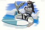 2023 3:2 anthro bikini bodily_fluids braided_hair brown_hair camel_toe clothing cloud dripping ear_piercing feet_in_water female fin fish freckles gauged_ear genital_fluids genital_outline genitals hair hi_res marine mostly_nude partially_visible_vulva piercing shark sitting skipsy sky smile solo spread_legs spreading surfboard swimwear sylvia_shoal tail tail_fin water