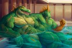 anthro bath bathhouse beard big_muscles duo facial_hair green_body hand_on_belly hand_on_shoulder huge_muscles male muscular muscular_male partially_submerged pillar relaxing scar smile water yellow_eyes deriaz crocodile crocodilian iguana iguanid lizard reptile scalie 2018 3:2