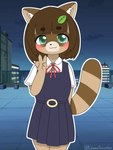 anthro asian_clothing brown_body brown_hair clothing east_asian_clothing female green_eyes hair japanese_clothing japanese_school_uniform leaf school_uniform solo tanuki_leaf uniform young young_anthro young_female kawaiirosiechan canid canine mammal raccoon_dog tanuki 3:4 absurd_res hi_res