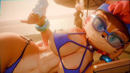 abs anthro areola_outline bangle beach big_breasts bikini bikini_bottom bikini_top blonde_hair blue_bikini blue_clothing blue_eyes blue_hat blue_headwear blue_swimwear breasts brown_body brown_fur choker clothing colored_nails dessert duo eyewear female food fur gesture hair hand_on_head hat headgear headwear holding_food holding_ice_cream holding_object huge_breasts ice_cream ice_cream_cone ice_cream_on_breasts ice_cream_on_pecs jewelry looking_at_viewer lying lying_on_chair melting melting_ice_cream nails necklace on_side ponytail raised_finger raised_pinky red_hair red_nails sea smile sunglasses sunset swimwear tan_body tan_fur two-piece_swimsuit visor_cap water badelynge3d idw_publishing sega sonic_the_hedgehog_(comics) sonic_the_hedgehog_(idw) sonic_the_hedgehog_(series) sally_acorn whisper_the_wolf canid canine canis chipmunk ground_squirrel mammal rodent sciurid wolf 16:9 3d_(artwork) digital_media_(artwork) hi_res widescreen