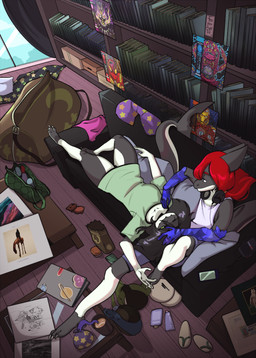 apartment armwear beverage book bookshelf bottomwear clothed clothing container cuddling cup curtains dark_hair duffel_bag elbow_gloves electronics female footwear furniture gloves green_eyes hair handwear head_on_lap headphones inside laying_on_another lying lying_on_sofa mug on_back on_lap on_sofa one_eye_closed phone red_hair relaxing sandals shark_tail shirt shoes sitting sitting_on_sofa smile sofa t-shirt tail tank_top thick_thighs topwear underwear wide_hips window frozenartifice fish marine shark 2025 absurd_res digital_media_(artwork) hi_res painting_(artwork)