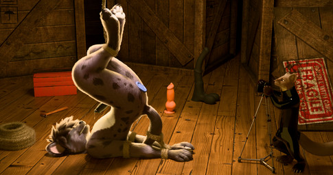 anal anal_penetration anthro bdsm blindfold camera duo fur grey_body grey_fur longboi male penetration toy vrchat_model white_body white_fur fox_the_hyena gulonine hyena mammal marten mustelid musteline spotted_hyena absurd_res hi_res