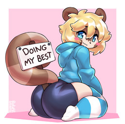 :3 anthro big_butt blonde_hair blue_clothing blue_eyes blue_hoodie blue_topwear blush blush_stickers bottomwear butt clothing eyebrows footwear hair hoodie kneeling legwear looking_back male pattern_clothing pattern_footwear pattern_legwear pattern_socks shorts sign socks solo striped_clothing striped_footwear striped_socks stripes text tight_bottomwear tight_clothing tight_shorts topwear borvar ashi_(ashizero) canid canine mammal raccoon_dog tanuki absurd_res english_text hi_res