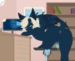 anthro balls bookshelf butt desk erection furniture genitals looking_at_viewer looking_back male nipples nude office pawpads paws presenting presenting_hindquarters rear_view solo table windows_logo wings myahw nightswing bat mammal spacebat