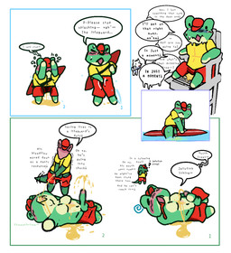 anthro balls blush bodily_fluids bottomwear bottomwear_down censored_genitalia clothed clothing drinking drinking_urine duo embarrassed erection erection_under_clothing genital_fluids genitals lifeguard male male/male muscular muscular_male nervous omorashi pants pants_down partially_clothed pecs peeing peeing_into_water peeing_on_self penis public simple_background solo stealth_peeing surfboard swimming_pool tail tail_motion tailwag text tongue urine urine_in_mouth urine_on_self urine_pool urine_stream watersports wetting peemenant amphibian frog lizard reptile scalie 2026 censored comic digital_media_(artwork) english_text hi_res sketch