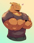 anthro big_muscles bottomwear clothing crossed_arms heart_symbol male muscular muscular_anthro muscular_male orange_body pants pecs shirt simple_background solo topwear kokukokuboo nintendo pokemon charkonian_graotl_ard charizard generation_1_pokemon pokemon_(species)