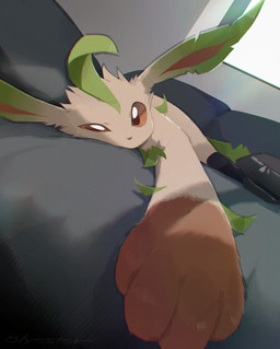acting_like_a_cat ambiguous_gender bed feral fur furniture inside looking_at_viewer lying lying_on_bed multicolored_body multicolored_fur on_bed on_front paws solo olyester nintendo pokemon eeveelution generation_4_pokemon leafeon pokemon_(species) 2024