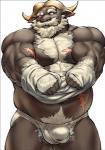 anthro arm_hair beard biceps body_hair briefs bulge chest_hair clothing facial_hair hairy happy_trail horn male musclegut muscular muscular_anthro muscular_male mustache navel nipples pecs pubes scar solo tighty_whities underwear undressing white_briefs white_clothing white_underwear mennsuke lifewonders tokyo_afterschool_summoners ahab_(tas) bovid bovine cape_buffalo mammal