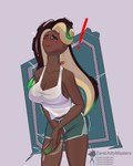 athletic_wear big_breasts big_penis blush bottomwear breasts clothing dark_body dark_skin embarrassed foreskin genitals gym_bottomwear gym_shorts herm intersex inverted_nipples nipples orgasm_face penis shaking shirt shorts solo surprise tank_top thick_thighs topwear trembling zaraunitymasters nintendo splatoon marina_(splatoon) cephalopod humanoid marine mollusk octarian octoling 4:5 hi_res