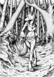 anthro breasts female fur plant small_breasts solo tree wood kekpafrany canid canine canis mammal wolf 2015 hi_res monochrome traditional_media_(artwork)