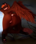 anthro blue_eyes breasts butt canid canine claws digital_media_(artwork) feathered_wings feathers female fox fur genitals hair kyle_foxson kylie_vixson looking_at_viewer looking_back mammal missy_(artist) nude orange_hair pawpads paws pussy shaded solo toe_claws wings