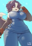 anthro big_breasts breasts cleavage clothed clothing curvy_figure denim denim_clothing female female_anthro fully_clothed hair huge_breasts kemono looking_at_viewer low-angle_view open_mouth open_smile overalls overalls_only paws side_boob sky sleeveless_topwear slightly_chubby smile smiling_at_viewer solo thick_thighs tight_clothing tight_topwear topwear voluptuous wide_hips worm's-eye_view tenyati amaverse angel_welina bernese_mountain_dog canid canine canis domestic_dog mammal molosser mountain_dog swiss_mountain_dog absurd_res hi_res