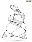 anthro belly belly_overhang belt big_belly big_butt bottomwear butt clothed clothing dessert doughnut eating female food huge_butt huge_thighs love_handles obese obese_anthro obese_female overweight overweight_anthro overweight_female pastry running simple_background solo thick_thighs topwear wide_hips arkveveen_(artist) disney zootopia judy_hopps lagomorph leporid mammal rabbit 2016 sketch