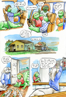 10_legs 2_heads 3_toes 4_arms 4_fingers abstract_background accessory anthro auburn_hair babysitter back_groove backpack barefoot big_hands biped blonde_hair blue_clothing blue_eyes blue_sky bottle bottomless bottomwear building cabinet car_mirror claws clothed clothing conjoined conjoined_twins container counter day denim denim_bottomwear denim_clothing dialogue digitigrade door doorway dot_eyes driving earless eyes_closed feet female fence fingers floor furgonomic_vehicle furgonomics gesture glass glass_window grass green_body grey_body group hair hand_behind_head hand_gesture hand_on_door hand_on_surface headband holding_another holding_object house in_vehicle inside inside_vehicle jeans kitchen long_hair looking_aside looking_at_another looking_back looking_down looking_up male medium_truck minivan mirror multi_arm multi_head multi_leg multi_limb open_door open_mouth orange_clothing orange_eyes orange_shirt orange_t-shirt orange_topwear outside outstretched_arms pants pattern_clothing pattern_shirt pattern_t-shirt pattern_topwear paws plant porch questioning reaching_up red_clothing red_shirt red_t-shirt red_topwear road seat sharp_teeth shirt short_hair shrub side_view simple_background simple_eyes sitting sky sliding_door smile snout speech_bubble standing steering_wheel straight_hair striped_clothing striped_shirt striped_t-shirt striped_topwear stripes t-shirt tail tapering_tail teeth text thick_tail thumbs_up tile tile_floor toes topwear tree truck van vehicle vocalization walking walkway wall_(structure) white_background white_bottomwear white_clothing white_hair white_shirt white_topwear window wood wood_fence wood_floor yellow_claws young young_female young_male young_taur cervelet anna_&_maria_(growing_troubles) crystal_(growing_troubles) james_(growing_troubles) kazuli_(growing_troubles) liz_(growing_troubles) miles_(growing_troubles) nia_(growing_troubles) zil_(growing_troubles) zillie_(growing_troubles) lizard lizard_taur long_taur reptile reptile_taur scalie scalie_taur taur 2020 comic english_text handwritten_text multiple_scenes painting_(artwork) shaded signature traditional_media_(artwork) traditional_painting_(artwork) traditional_watercolor_(artwork) watercolor_(artwork) brother_(lore) brother_and_sister_(lore) daughter_(lore) father_(lore) father_and_child_(lore) father_and_daughter_(lore) grandchild_(lore) grandfather_(lore) grandmother_(lore) grandparent_(lore) grandparent_and_grandchild_(lore) mother_(lore) mother_and_child_(lore) mother_and_daughter_(lore) mother_and_son_(lore) parent_(lore) parent_and_child_(lore) parent_and_daughter_(lore) parent_and_son_(lore) sibling_(lore) sister_(lore) sisters_(lore) son_(lore) twins_(lore)