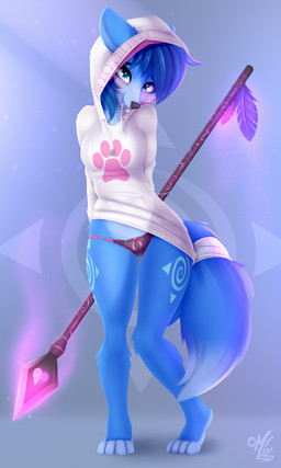 4_toes anthro barefoot bent_legs biped blue_eyes blue_hair blush breasts clothed clothing daww feet female front_view hair hands_behind_back hoodie knock-kneed looking_at_viewer melee_weapon pantsless polearm pose shy smile solo spear standing toes topwear underwear weapon omiart nintendo star_fox krystal_(star_fox) canid canine fox mammal 2019 hi_res
