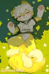 2024 anthro bananamilkbeer blush canid canine clothed clothing detailed_background eyes_closed featureless_crotch flower fox fur hi_res lying_on_grass male mammal partially_clothed pawpads plant signature solo t-shirt_only tail yellow_body yellow_fur young