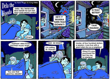 anthro bed bed_sheet bedding black_hair dialogue female furniture group hair hair_net lamp male musical_note musical_symbol net night outside symbol text trio style_wager dela_the_hooda dela_aldershaw earl_stanowski louise_stanowski canid canine fox hooda human mammal 1998 comic english_text monochrome