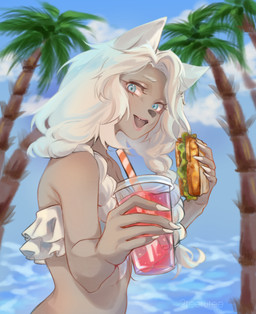 anthro beach beverage bikini blue_eyes clothed clothing container cup female food hair holding_food holding_object looking_at_viewer plant sandwich_(food) sea smile solo swimwear tree two-piece_swimsuit water white_hair young young_anthro young_female 2teerutee cyberconnect2 fuga:_melodies_of_steel little_tail_bronx vanilla_muscat domestic_cat felid feline felineko felis mammal russian_blue 2025 absurd_res digital_media_(artwork) hi_res
