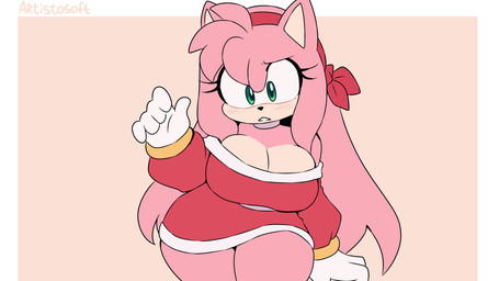 5_fingers anthro big_breasts breasts cleavage clothed clothing curvy_figure female fingers fur gloves green_eyes handwear pink_body red_clothing simple_background slightly_chubby solo thick_thighs voluptuous voluptuous_anthro voluptuous_female wide_hips artistosoft sega sonic_the_hedgehog_(series) amy_rose eulipotyphlan hedgehog mammal hi_res