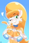 anthro big_breasts bikini bikini_top blonde_hair breasts clothing female green_eyes hair lips orange_lips pose solo swimwear two-piece_swimsuit cranebear jessica_young_melis domestic_cat felid feline felis mammal absurd_res hi_res pinup