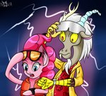 back_to_the_future blue_eyes chimera cosplay discord_(mlp) duo emmett_brown equid equine eyewear female feral friendship_is_magic hasbro hi_res horse male male/female mammal marty_mcfly my_little_pony novaspark open_mouth pinkie_pie_(mlp) pony sunglasses