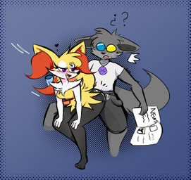 anthro black_body black_fur blush bottomwear breasts clothed clothed_anthro clothed_male clothing duo eyewear featureless_breasts female fluffy fluffy_tail fur glasses grinding male male/female multicolored_body multicolored_fur nude nude_anthro nude_female orange_body orange_fur pants purple_eyes shirt tail topwear wearing_glasses white_body white_fur yellow_body yellow_fur davidthewolfx10 nintendo pokemon davilling_(davidthewolfx10) reyna_(davidthewolfx10) braixen canid canine canis generation_6_pokemon mammal pokemon_(species) wolf 2026 hi_res