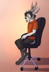 anthro antlers black_bottomwear black_clothing black_hair black_nose black_shorts bottomwear chair clothing dress_shirt eye_scar facial_scar fur furniture grey_body grey_fur hair horn male neck_tuft office_chair orange_clothing orange_eyes orange_shirt orange_topwear paws plantigrade scar scut_tail shirt short_tail shorts t-shirt tail topwear tuft gothwolf ra'deer cervine deer mammal 2017 absurd_res hi_res