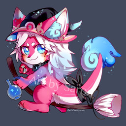 accessory anthro black_bow_tie black_clothing black_hat black_headwear blue_eyes bow_tie broom cheek_tuft chibi cleaning_tool closed_smile clothing eye_through_hair eyelashes facial_tuft female fur furgonomics glistening glistening_eyes grey_background hair hat headgear headwear mouth_closed nude pink_body pink_clothing pink_fur pink_hat pink_headwear potion side_view simple_background sitting smile solo tail tail_accessory tailband translucent translucent_hair tuft white_body white_fur white_hair witch_hat asnnonaka 1:1 2017 dated full-length_portrait portrait signature