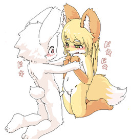 anthro blonde_hair blush blush_lines butt countershade_face countershade_fur countershading duo erection eye_contact female female_anthro fluffy fluffy_tail foreskin fur genitals gloves_(marking) green_eyes hair half-closed_eyes hand_holding inner_ear_fluff kemono kneeling leg_markings long_hair looking_at_another male male_anthro markings narrowed_eyes navel nude nude_anthro nude_female nude_male orange_body orange_fur penis pink_eyes scut_tail short_tail simple_background socks_(marking) tail text tuft vulva white_body white_fur young young_anthro young_female young_male young_on_young canopus335 canid canine fox lagomorph leporid mammal rabbit aliasing binary_drawing digital_drawing_(artwork) digital_media_(artwork) japanese_text oekaki