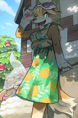 4_breasts 5_fingers anthro biped blonde_hair breasts brown_body brown_fur captured clothing detailed_background dress duo eyewear eyewear_on_head female fingers fur glasses glasses_on_head gloves_(marking) green_eyes hair horn kemono light looking_at_viewer male markings multi_breast multicolored_body multicolored_fur net open_mouth open_smile outside pawpads pink_pawpads pupils slit_pupils smile standing sunglasses teeth two_tone_body two_tone_fur white_body white_fur utsuki_maito animal_crossing nintendo audie_(animal_crossing) dom_(animal_crossing) bovid canid canine canis caprine mammal sheep wolf 2020 2:3 digital_media_(artwork) digital_painting_(artwork) hi_res lighting painting_(artwork)