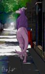 anthro bottomless clothed clothing hoodie horn male outside partially_clothed pink_body pink_skin public purple_eyes solo topwear benign_light savra_rodochrous scalie 5:8 hi_res