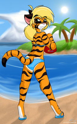 anthro back-tie_bikini back-tie_clothing back-tie_swimwear beach bikini blue_bikini blue_clothing blue_swimwear clothing eyewear female island seaside solo sun sunglasses swimwear two-piece_swimsuit jknewlife bailey_(jknewlife) felid mammal pantherine tiger hi_res