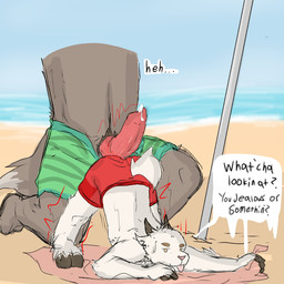 age_difference animal_genitalia animal_penis anthro ass_up beach bodily_fluids bottomwear brown_body brown_fur canine_genitalia canine_penis clothed clothing clothing_aside detailed_background dialogue duo erection fur genital_fluids genitals green_bottomwear green_clothing green_shorts green_swimming_trunks green_swimwear hooves imminent_anal kneeling leaking_precum looking_at_viewer male male/male on_one_knee partially_clothed penis penis_on_butt precum red_bottomwear red_clothing red_shorts red_swimming_trunks red_swimwear shorts size_difference speech_bubble swimming_trunks swimwear swimwear_aside tail tail_through_shorts text tongue tongue_out towel umbrella white_body white_fur young young_anthro young_male younger_male ohno_(artist) bovid canid canine caprine goat mammal 1:1 english_text