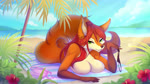 5_fingers anthro beach big_breasts black_nose breast_rest breasts butt clothing detailed_background ear_piercing ear_ring female fingers fur green_eyes hair holding_object huge_breasts lingerie long_hair long_tail looking_at_viewer lying nude orange_body orange_fur piercing plant red_hair ring_piercing sand seaside sky smile solo tail water amarihel zenobia_benz canid canine fox mammal red_fox true_fox 2d_animation animated digital_media_(artwork) hi_res motion_tweening no_sound short_playtime webm