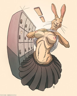 anthro big_breasts big_ears bottomwear breasts clothed clothing exposed_breasts female fisheye_lens flashing fur looking_at_viewer navel nipples one_eye_closed raised_clothing raised_topwear school_uniform skirt slim slim_anthro slim_female smile solo tan_body tan_fur text topwear uniform whiskers wink winking_at_viewer arcr-cric lagomorph leporid mammal rabbit 2025 digital_drawing_(artwork) digital_media_(artwork) hi_res signature url
